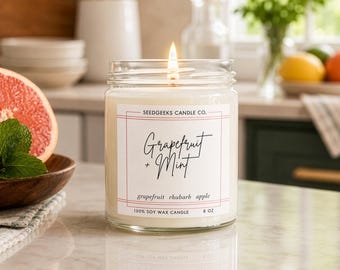 Grapefruit Mint Soy Wax Candle | Fresh, Citrus, Herbal, Handmade, Pick 4 or 8oz