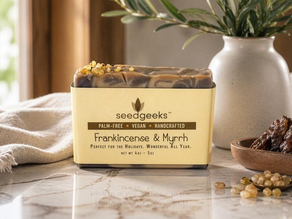 Frankincense & Myrrh Handmade Soap – Vegan Cold Process Bar with Shea Butter, Holiday Scent, Unisex