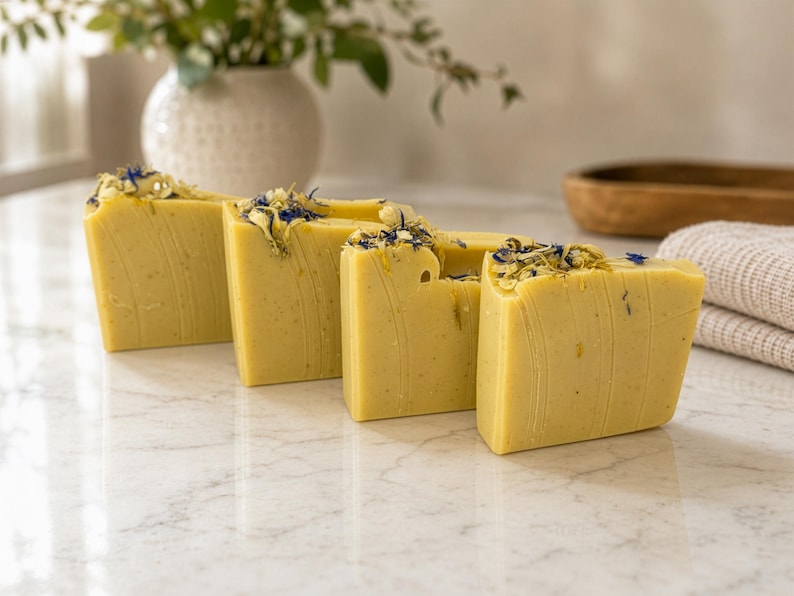 May include: Four rectangular bars of pale yellow soap arranged in a row. Each bar features a smooth, solid texture with visible flecks and is topped with a decorative scattering of dried yellow and blue flower petals across the top edge.