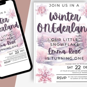 Customizable Winter Onederland Birthday Invitation - 1st Birthday Party, Girl Pink Purple Snow Editable Invite