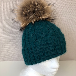 Dark Green Cable Knit Handmade 100% cashmere hat with large raccoon Pom Pom