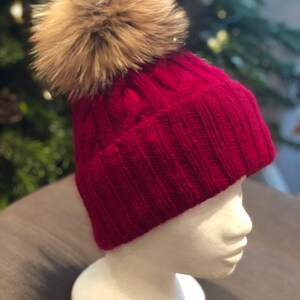 Red Cable Knit Handmade 100% Cashmere Hat with Large Raccoon Fur Pom Pom