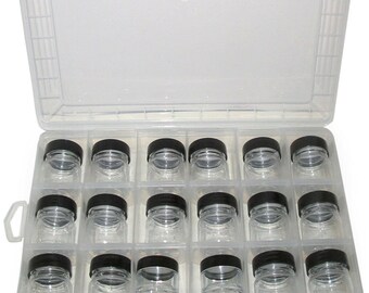 Craft Organiser Case with 18 x Jars - Beads/Samples/Gems/Component Storage - 25ml/10ml Clear Plastic Screw Lid Pots - Small Parts Hobby Box