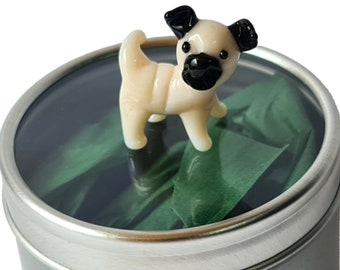 Mini Glass Pug Puppy in Gift Tin - Cute Little Handmade Glass Animal Dog - Miniature Figurine for Pet Lovers - Small Desk Art Ornament