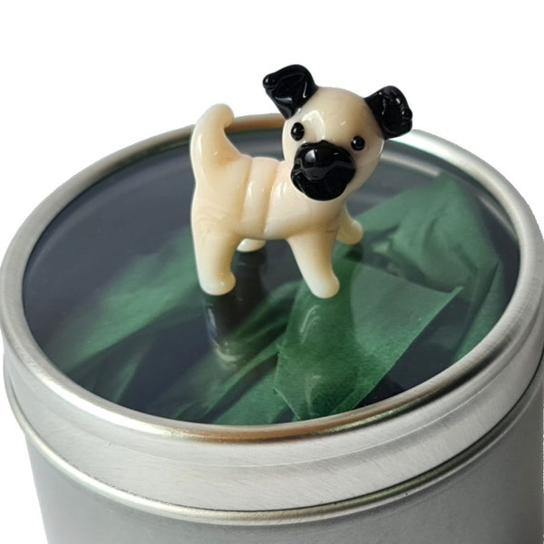 Mini Glass Pug Puppy in Gift Tin - Cute Little Handmade Glass Animal Dog - Miniature Figurine for Pet Lovers - Small Desk Art Ornament