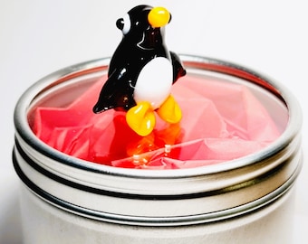 Mini Glass Penguin in Gift Tin - Cute Little Handmade Glass Animal - Miniature Figurine for Penguin Lovers - Small Desk Art Ornament Trinket