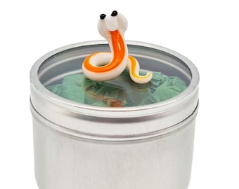 Mini Glass Snake in Gift Tin - Cute Little Handmade Glass Animal - Miniature Figurine for Reptile Lovers - Small Desk Art Novelty Ornament