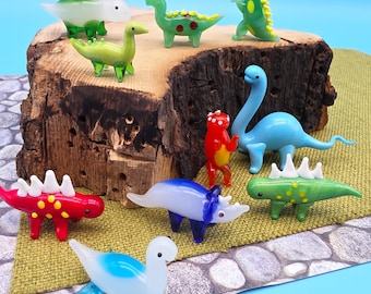 Glass Dinosaur Figurines - Handmade Miniature Art Figures - Craft Projects/Cake Toppers/Gifts - Mini Novelty Ornament Trinket