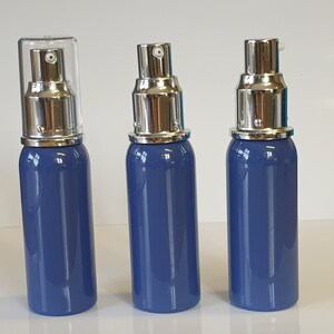 50ml Travel Size Serum Pump Bottle - Empty Plastic Cosmetic Container - Lotion/Oil/Hand Sanitiser - Blue/Silver Reusable Plastic Dispenser