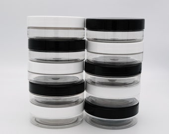 10 x 50ml Clear Jars with Black and White Lids - Cosmetic/Cream/Slime/Beads/Craft Pots - Storage Containers - Recyclable PET Plastic