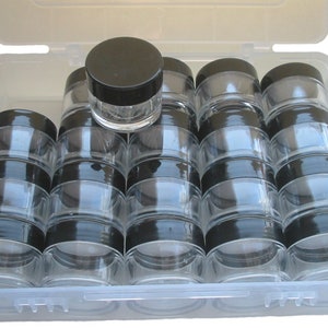 Craft Hobby Storage Case - 20 x Clear Plastic 10ml Jars in Organiser Box - Components/Jewellery/Glitter/Beading/Nail Art/Face Paint/Samples