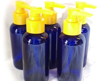 5 x Empty 125ml Blue Plastic Bottle with Yellow Lotion Pump (Soap Dispenser)