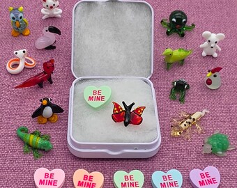Glass Animal Figurine with BE MINE Love Heart Token in Gift Tin - Handmade