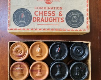 Vintage Combination Chess & Draughts Counter Set - St George Series - England - Double Sided Bakelite Pieces - Early 20th Century Game