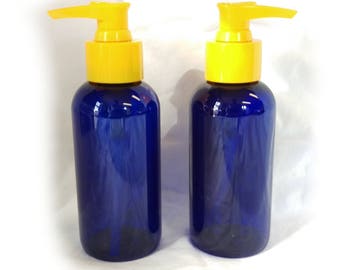 2 x Empty 125ml Blue Plastic Bottle with Yellow Lotion Pump (Soap Dispenser)
