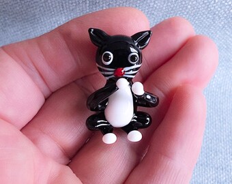 Mini Glass Cat - Black and White - Small Handmade Novelty Gift - Miniature Glass Animal Trinket Figure
