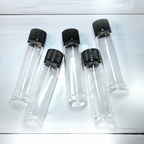 3.5ml Empty Clear Glass Bottle Vial with Black Screw Cap - Samples/Liquids/Perfume/Oils/Scent/Fragrance - Miniature Storage Tubes - One Dram