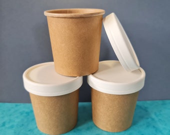 150ml Kraft Cardboard Pots with Lids - Eco Friendly - Food/Sweets/Sauce/Ice Cream Tubs 5oz - Hot/Cold Portion Storage - Party/Favour Cups