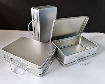 Small Suitcase Shaped Tin - Wedding/Party Favour Box - Hinged Lid Container - Plain Silver - Gift/Sweets/Candy/Memory Box - 120 x 80 x 37 mm