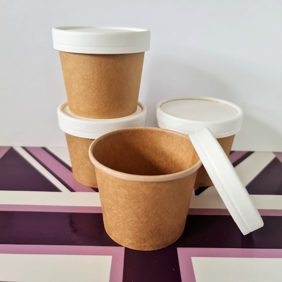 100ml Kraft Cardboard Pots with Lids Eco Friendly - Food/Sweets/Sauce/Ice Cream - Confetti Tubs - Hot/Cold Portion Storage - Party/Favours