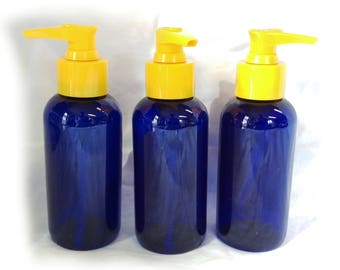 3 x Empty 125ml Blue Plastic Bottle with Yellow Lotion Pump (Soap Dispenser)