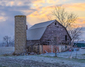 Sunset and Flurries over a Snow Covered Abandoned Barn - Portland, MI - Large Print, Photograph, Pic, Picture, Fine Art -rustic home decor