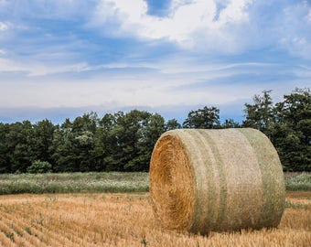 Country Farm Field with Hay Bale and Summer Clouds - Large Print, Photography, Pic, Picture, Fine Art - rustic home decor
