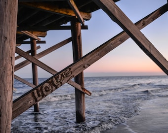 LOVE graphiti on Ocean Isle Beach Pier, NC - Atlantic Ocean -  Large Print, Photograph, pic, picture, fine art - home decor Free Shipping