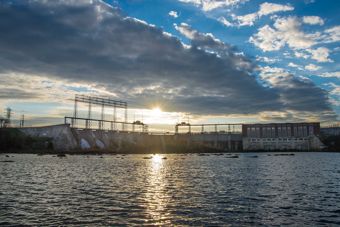 Sunset on Lake Wylie Water Dam on Catawba River Ft Mill, SC Duke Energy