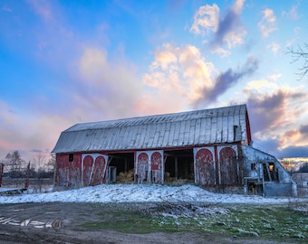Sunset Over a Snow Covered Abandoned Barn - Portland, MI - Large Print, Photograph, Pic, Picture, Fine Art - rustic farm home decor