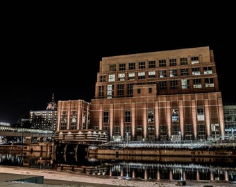 Downtown Historic Lansing MI (Boji Tower). Grand River & Board of Water and Light - Print, Photograph, pic, large picture, fine art