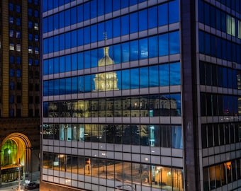Downtown Lansing MI Capitol Building Reflection at Sunset (boji tower) - Large Print, photograph, pic, picture, fine art, modern glass metal