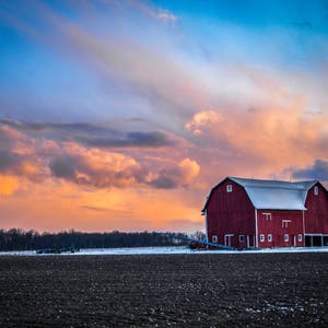 Colorful Sunset Over a Snow Covered Barn & Farm Field - Portland, MI - Large Print, Photograph, Pic, Picture, Fine Art - rustic home decor