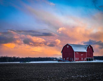 Colorful Sunset Over a Snow Covered Barn & Farm Field - Portland, MI - Large Print, Photograph, Pic, Picture, Fine Art - rustic home decor