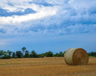 Rustic Country Farm Field with Hay Bales and Clouds Portland, MI - Large Print, Photography, Pic, Picture, Fine Art