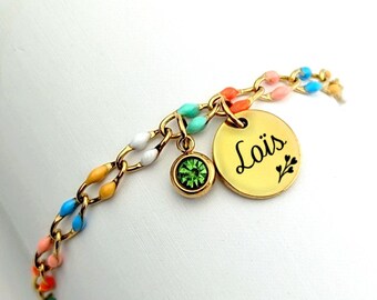 Bracelet chaîne large et émaillée, médaille gravée personnalisé pour femme