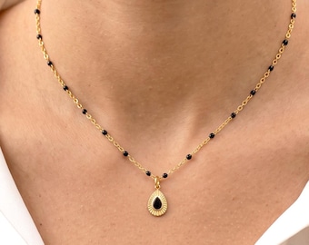 Minimalist gold necklace with black onyx teardrop pendant for women, natural stone jewelry, boho chic necklace, gift for her, gift for mom