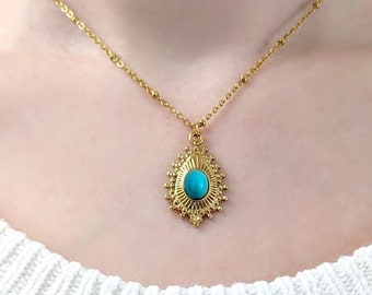 Collier minimaliste pendentif goutte turquoise pour femme