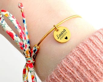Bracelet cordon Liberty à nouer, médaille personnalisé prénom pour femme