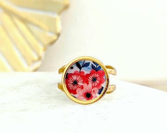 Bague acier inoxydable fantaisie Fleurs rouge et feuilles bleues chic pour femme