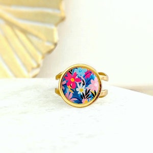 Anel cabochão de flores para mulheres, anel de resina colorida, bijuteria feita à mão, ideia de presente para ela, para mãe, joias de verão femininas