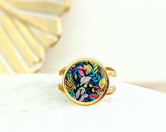 Bague acier inoxydable fantaisie de style boho chic fleurs colorées pour femme