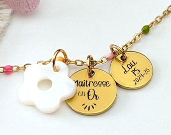 Bracelet personnalisé cadeau maîtresse, idée cadeau enseignant, ATSEM, fin d'année scolaire