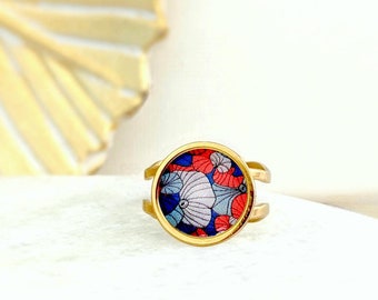 Bague acier inoxydable fantaisie motif japonais bleu et rouge pour femme