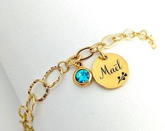 Bracelet médaille gravée et personnalisée, sur duo de chaînes à maillons pour femme