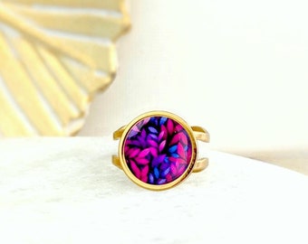 Bague réglable en acier inoxydable fantaisie feuilles rose et violet pour femme