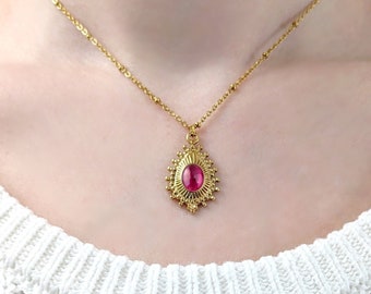 Fuchsia roze en gouden druppel hanger ketting voor vrouwen, korund stenen sieraden, roze sieraden, natuurstenen ketting, cadeau voor haar