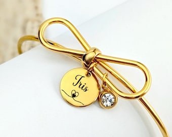 Bracelet jonc médaille en acier inoxydable, cadeau personnalisé, bijou prénom et pierre de naissance pour femme