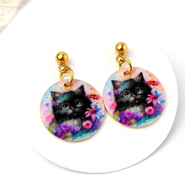 Boucles d'oreilles enfants pendantes petit chat noir et fleurs, cadeau petite fille, bijoux enfant, idée cadeau d'anniversaire fille