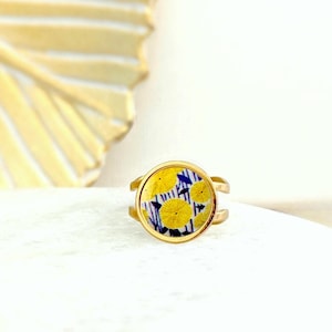 Anel de resina com flor amarela para mulheres, joias artesanais, joias boho chic, bijuterias, anel de ouro, ideia de presente para ela, presente feminino